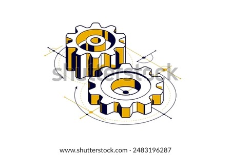 Invention renovation and development concept, gears and cogs with cad engineering drawing isometric 3D vector illustration, technology theme, machinery and engine creation.