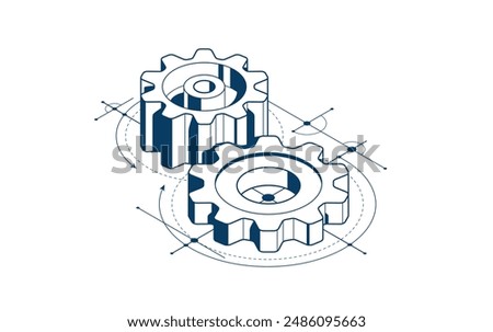 Invention renovation and development concept, gears and cogs with cad engineering drawing isometric 3D vector illustration, technology theme, machinery and engine creation.