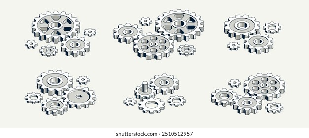 Invention renovation and development concept set, gears and cogs composition isometric 3D vector illustration, technology theme, machinery and engine creation.