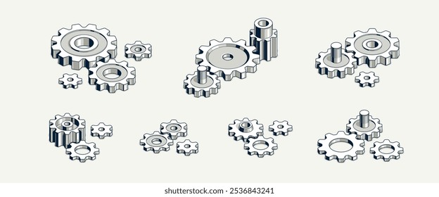 Invention renovation and development concept set, gears and cogs composition isometric 3D vector illustration, technology theme, machinery and engine creation.