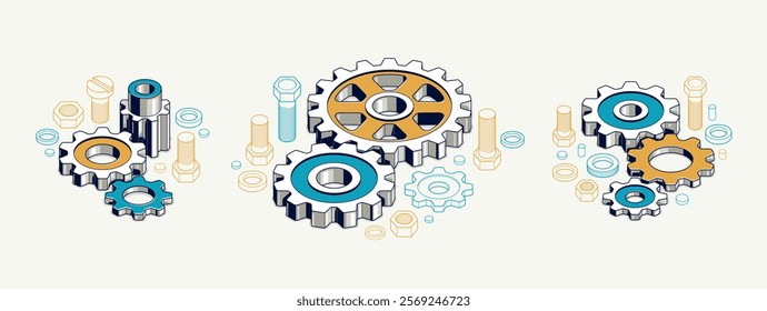 Invention renovation and development concept set, gears and cogs composition isometric 3D vector illustration, technology theme, machinery and engine creation.