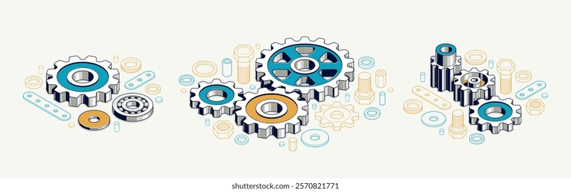 Invention renovation and development concept set, gears and cogs composition isometric 3D vector illustration, technology theme, machinery and engine creation.