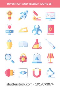 Invention And Research Icons Set In Flat Style.