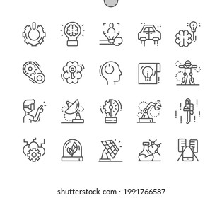 Invención. Inicio del trabajo. Brainstorm y Nueva idea. Realidad aumentada. Solución, creatividad, invención, desarrollo y tecnología. Iconos De Línea Delgada De Vector Perfecto De Pixel. Pictograma mínimo simple