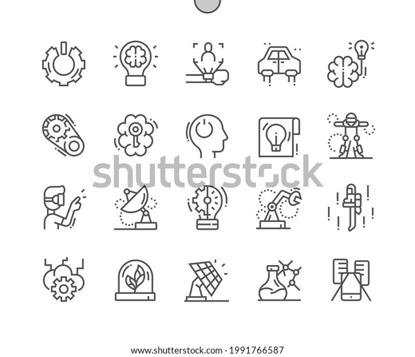 Invention. Start of work. Brainstorm and New\
idea. Augmented reality. Solution, creative, invention, development\
and technology. Pixel Perfect Vector Thin Line Icons. Simple\
Minimal Pictogram