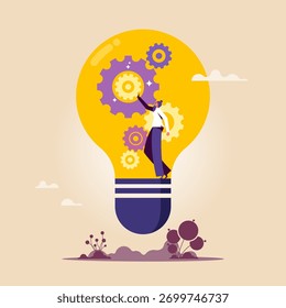 Criação de invenção ou tecnologia para construir novo produto, inovação, ideia ou solução para resolver problemas de negócios, empresário construir equipamentos em ideia de lâmpada, configurar um processo de trabalho