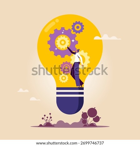 Invention or technology creation to build new product, innovation, idea or solution to solve business problem, businessman build gear in lightbulb idea, setting up a work process