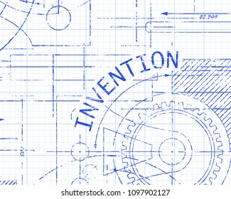 Invention text with gear wheels hand drawn on graph paper technical drawing background