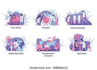 Invention and transportation of coronavirus vaccination flat set with medical elements isolated vector illustration