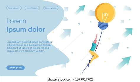 Invenciones y pensamiento creativo efectivo con personajes de caricatura de hombres de negocios escalando al éxito. La Bombilla eléctrica como una idea brillante y un símbolo de tecnología innovadora. Ilustración de vectores planos.