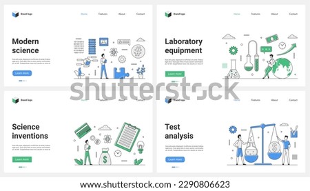 Inventions in modern science, tests, analysis and laboratory equipment set vector illustration. Cartoon tiny people weigh money and test tube on scale, scientists research with lab instruments