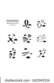 Inventios, dreams about flights. Vector icon set on white background. Symbol for web, infographics, print design and mobile UX/UI kit. Vector illustration, EPS10.
