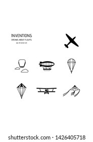 Inventios, dreams about flights. Vector icon set on white background. Symbol for web, infographics, print design and mobile UX/UI kit. Vector illustration, EPS10.