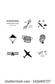 Inventios, dreams about flights. Vector icon set on white background. Symbol for web, infographics, print design and mobile UX/UI kit. Vector illustration, EPS10.