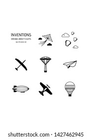 Inventios, dreams about flights. Vector icon set on white background. Symbol for web, infographics, print design and mobile UX/UI kit. Vector illustration, EPS10.