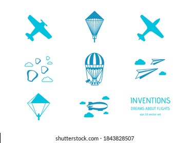 Inventios, dreams about flights. Vector icon set on white background. Symbol for web, infographics, print design and mobile UX/UI kit.
