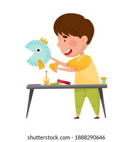 Inventive Boy Engaged in Upcycling Reusing Recyclable Material Vector Illustration