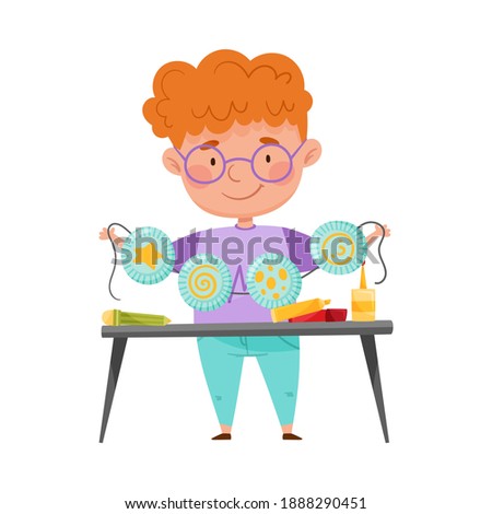 Inventive Boy Engaged in Upcycling Reusing Recyclable Material Vector Illustration