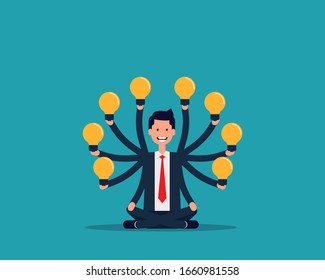 Inventive a lots of hands with idea light bulb. Business creative idea concept. Vector illustration in cartoon design