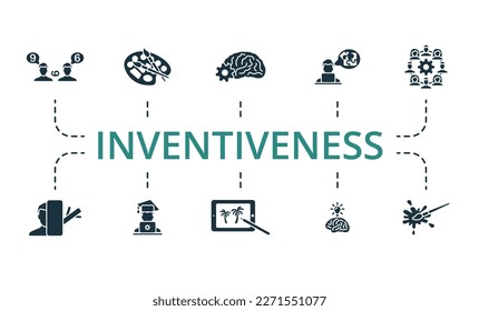 Conjunto de creatividad. Iconos creativos: visión, arte visual, inteligencia, resolución de problemas, trabajo en equipo, curiosidad, práctica, arte digital, lluvia de ideas, creatividad.