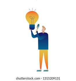 The inventor considers the idea through a magnifying glass. Flat gradient illustration