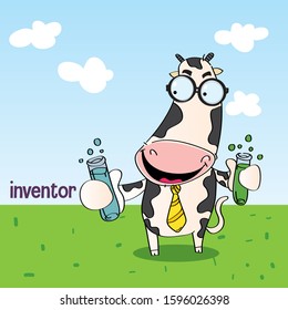 the inventor cow on cloudy background