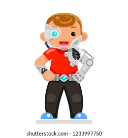 Inventor Engineer Cyborg Kids Scifi Science Superhero Teen Character Flat Design Vector Illustration