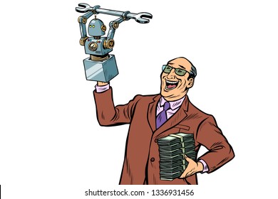 Inventor engineer and robot. New technology progress. isolate on white background. Pop art retro vector illustration kitsch vintage
