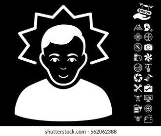 Inventor icon with bonus quadrocopter tools symbols. Vector illustration style is flat iconic white symbols on black background.