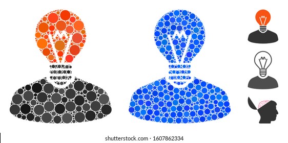 Inventor Mosaic Of Small Circles In Variable Sizes And Color Tinges, Based On Inventor Icon. Vector Small Circles Are United Into Blue Mosaic. Dotted Inventor Icon In Usual And Blue Versions.