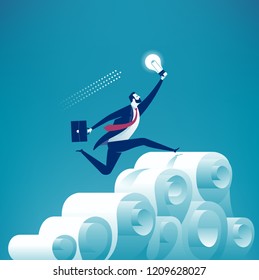 The inventor overcoming the paper mountain. Concept business vector illustration 