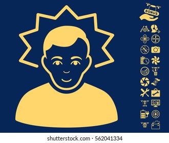 Inventor pictograph with bonus drone service clip art. Vector illustration style is flat iconic yellow symbols on blue background.