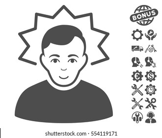 Inventor pictograph with bonus service symbols. Vector illustration style is flat iconic gray symbols on white background.