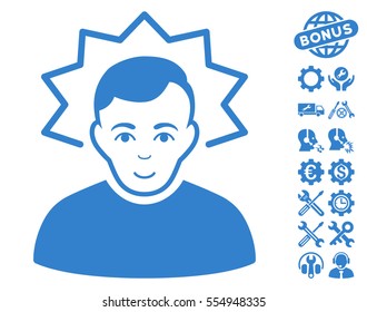 Inventor pictograph with bonus settings icon set. Vector illustration style is flat iconic cobalt symbols on white background.