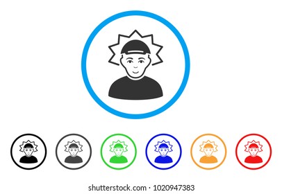 Inventor rounded icon. Style is a flat inventor grey symbol inside light blue circle with black, gray, green, blue, red, orange variants. Glad inventor vector pictograph. Guy face has enjoy emotions.