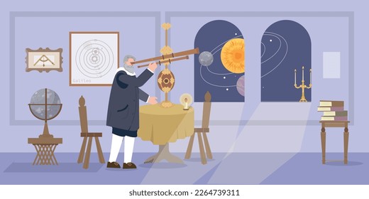 Inventor scientist composition with flat vintage interior and character of astronomer looking through window in telescope vector illustration