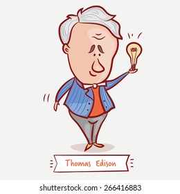 The inventor Thomas Edison with a bulb  in a blue jacket.