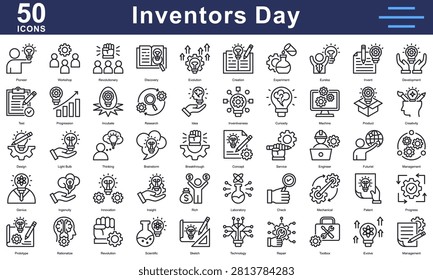 Inventors Day icon collection features 50 icons, including innovation, invention, creativity, machines, patents, and ideas. Perfect for science, technology, and creative projects.