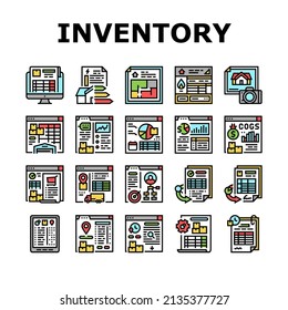 Inventory Analytics And Report Icons Set Vector. Inventory Movement Pending And History Reporting, Gas Safety And Energy Performance Certificates, Sales And Purchase Color Illustrations