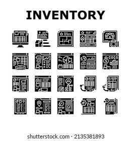 Inventory Analytics And Report Icons Set Vector. Inventory Movement Pending And History Reporting, Gas Safety And Energy Performance Certificates, Sales Purchase Glyph Pictograms Black Illustrations