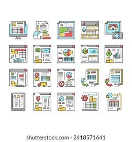 Inventory Analytics And Report Icons Set Vector. Inventory Movement Pending And History Reporting, Gas Safety And Energy Performance Certificates, Sales And Purchase Color Illustrations