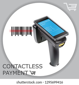 Inventory barcode scanner reader. Barcode scanner vector illustration isolated on white. Hand held wireless bar code scanner for warehouse factory. Computer Transmission Contactless Tool.