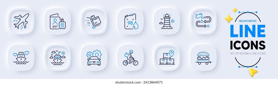 Inventory cart, Delivery bike and Travel path line icons for web app. Pack of Petrol canister, Honeymoon cruise, Car service pictogram icons. Food delivery, Lighthouse, Ship travel signs. Vector