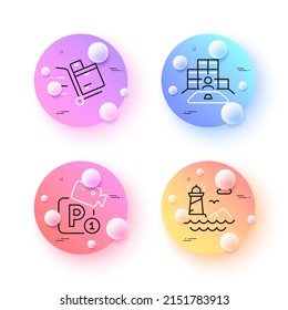 Inventory cart, Parking security and Inventory minimal line icons. 3d spheres or balls buttons. Lighthouse icons. For web, application, printing. Warehouse goods, Video camera, Goods operator. Vector