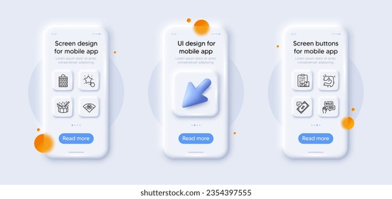 Inventory checklist, Accepted payment and Bid offer line icons pack. 3d phone mockups with cursor. Glass smartphone screen. Drums, 5g wifi, Ranking star web icon. Shopping bag, Like pictogram. Vector