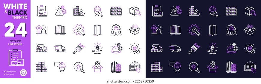 Inventory checklist, Warning and Open box line icons for website, printing. Collection of Buildings, Lighthouse, Innovation icons. Truck delivery, Customisation, Energy web elements. Vector