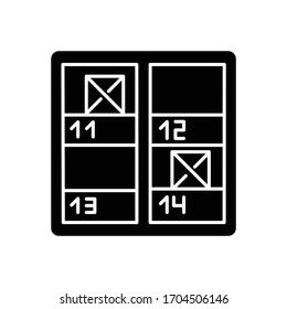 Inventory control black glyph icon. Stock checking. Stocktaking, supply chain management, production control and financial flexibility. Silhouette symbol on white space. Vector isolated illustration