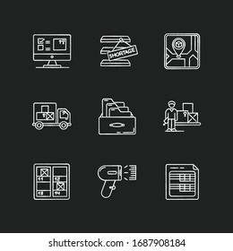 Inventory control and bookkeeping chalk white icons set on black background. Spreadsheets and card system. Storage place, goods shortage and receipt. Isolated vector chalkboard illustrations