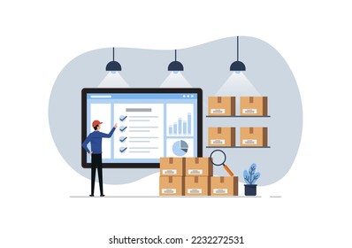 Inventory control by online system, inventory management with goods demand, professional worker is checking goods and stock supply