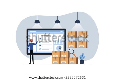 Inventory control by online system, inventory management with goods demand, professional worker is checking goods and stock supply